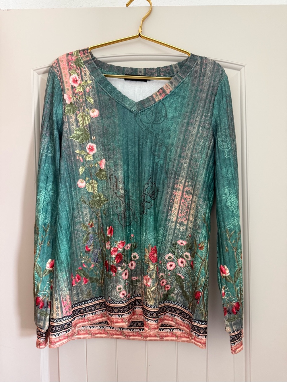 Women’s Floral V-Neck Long Sleeve Top - Teal and Pink